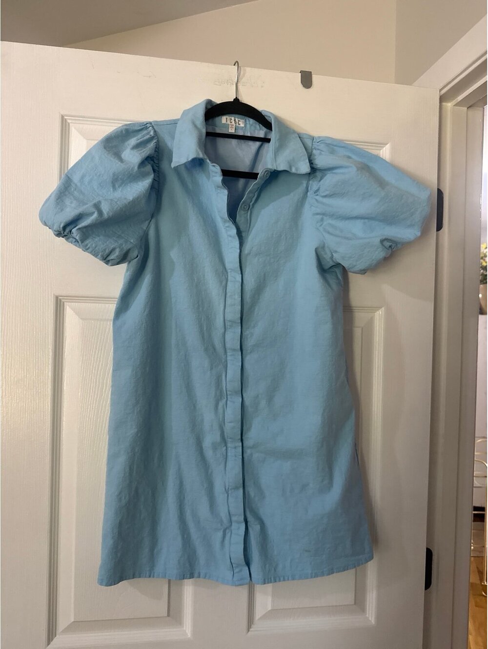 TCEC Powder Blue Puff Sleeve Button Down Knee Length Dress Large Runs Small